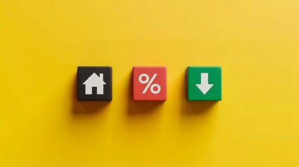 Three colorful cubes with white icons on a yellow background representing home, percentage, and download concepts