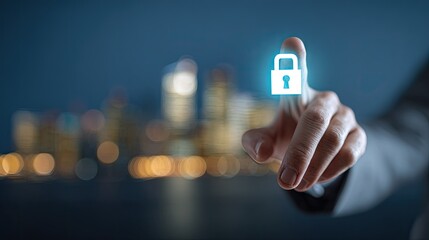 Persons hand touching a glowing lock icon with city background