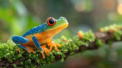 Obraz premium A vibrant green and blue frog with orange eyes and legs perched on a mossy branch