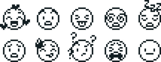 Emoji emoticon pixel art positive and negative expression vector set, black outline retro 8 bit sad, happy, love face