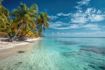 Fototapeta premium Idyllic tropical beach with palm trees and crystal clear turquoise ocean water