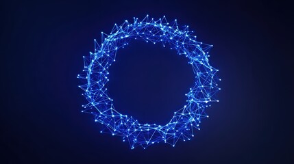 An ethereal digital representation of interconnected nodes, forming a vibrant, glowing ring against a deep blue backdrop. ..Created with Generative AI, not depicting real subjects.
