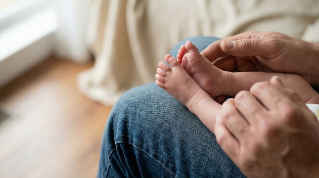 Father hands holding newborn baby feet against denim jeans