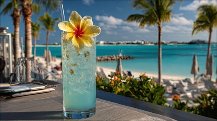 Refreshing cocktail with flower garnish on tropical beach background