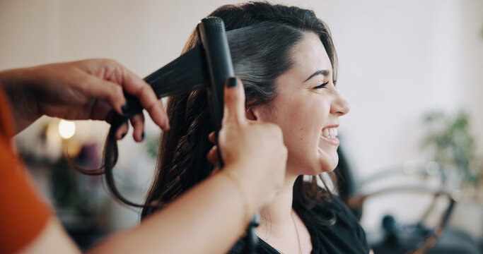 Smile, hairstylist and straightener with woman in salon for cosmetology, beauty and grooming. Hairdresser, parlor and customer makeover with people in store for hair care, relax and flat iron