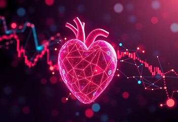 Glowing digital heart formed by neon data lines symbolizing emotional finance connection love technology and market volatility