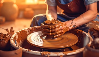 Close-up of hands shaping clay on a pottery wheel, sunlit studio