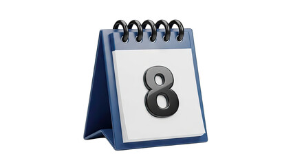 Desk Calendar Displaying Number 8 With A Spiral Binding And Blue Base Isolated On A Transparent Background
