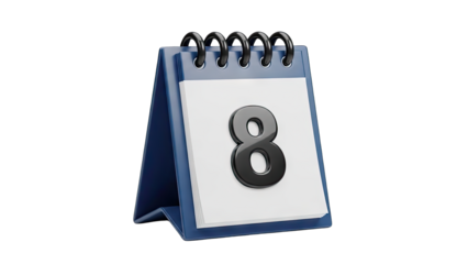 Desk Calendar Displaying Number 8 With A Spiral Binding And Blue Base Isolated On A Transparent Background