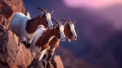 Three brown and white goats standing on a rocky cliffside at sunset