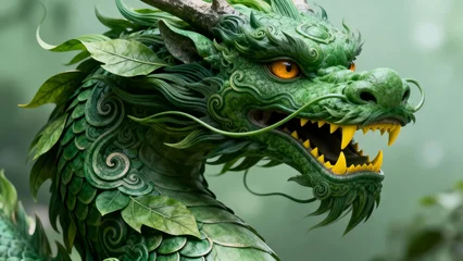 Sierkussen Meisjeskamer Green leaf dragon sculpture intricate detail mythical creature nature inspired fantasy art emerald scales vibrant orange eyes powerful beast ancient folklore majestic serpentine form forest spirit  © NOVÁKOVÁ KATEŘINA