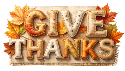 Hand-Stitched Autumn Fabric “Give Thanks” Text Graphic, Transparent Background PNG