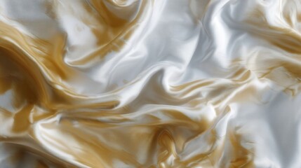 Fototapeta premium Silky fabric in white and muted gold with flowing folds and swirls,