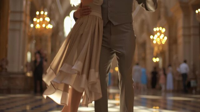 Elegant wedding cake and first dance concept. A couple dances, highlighting their feet on a reflective floor in a beautifully lit venue.