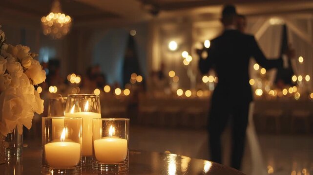 Elegant wedding cake and first dance concept. Soft candlelight enhances the romantic atmosphere as the couple shares a dance.