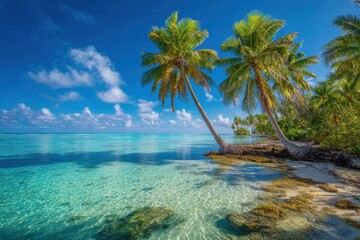 Naklejka premium Idyllic tropical beach with crystal clear turquoise water and palm trees