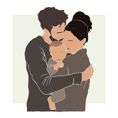 Family hugging a baby in warm colors. Minimalistic portrait. Flat style. For designing postcards, posters, and social media. Vector