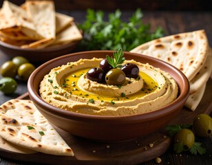 Close-up of hummus with olives, parsley, and pita bread