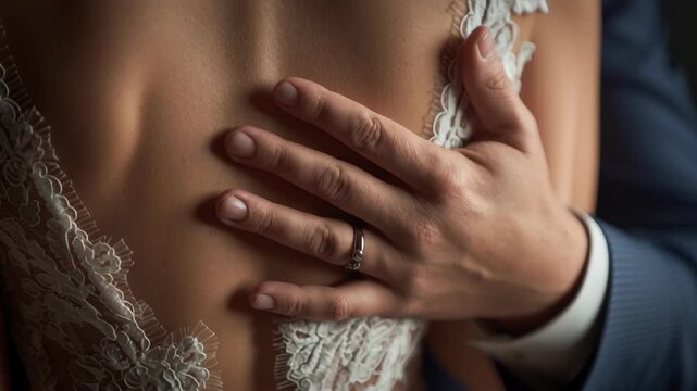Elegant wedding cake and first dance concept. A close-up of a bride's dress with intricate lace details and a groom's hand resting gently.