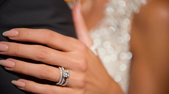 Elegant wedding cake and first dance concept. A couple shares an intimate moment showcasing intricate wedding rings and elegant attire.