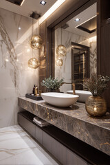 Modern bathroom interior with sink and luxurious decorations