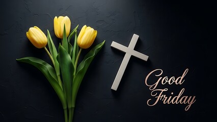 Good friday a still life of yellow tulips, a white cross, and the words good friday on a dark background surface