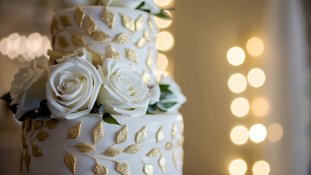 Elegant wedding cake and first dance concept. Exquisite three-tier cake adorned with white roses and gold leaf details.