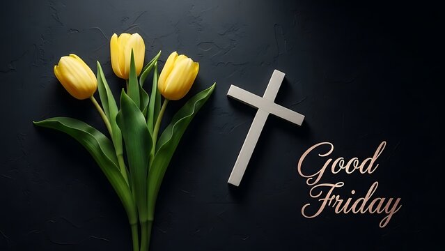 Good friday a still life of yellow tulips, a white cross, and the words good friday on a dark background surface - Powered by Adobe