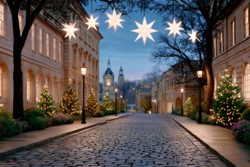 Christmas decorated European cobblestone street at dusk