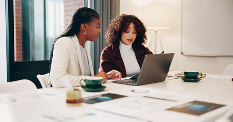 Laptop, meeting or women with report for review, monitor investment return or charts for profit info. Budget planning, pc or advisory team with performance record, track revenue or project discussion