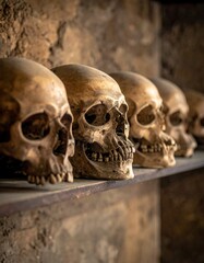 Close-up of human skulls on a shelf against a rough stone wall
