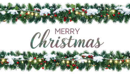  Holiday Merry Christmas Text with Garland Trim, Transparent Background