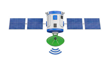 Detailed 3D Rendering of a Satellite with Solar Panels and Satellite Dish Transmitting Signals Against a Transparent Background