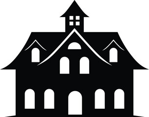 Black silhouette of a house with a tower and multiple windows white