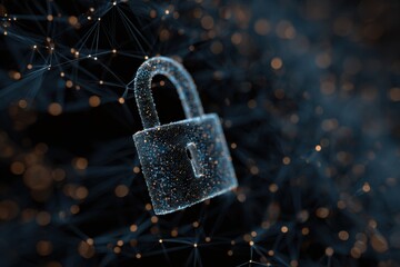 Unique digital lock icon symbolizing network connections and data security in a virtual environment with glowing particles