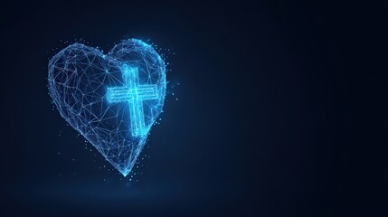 A digital, neon-blue heart, interlaced with a cross, radiates faith and hope against a sleek, dark background. ..Created with Generative AI, not depicting real subjects.