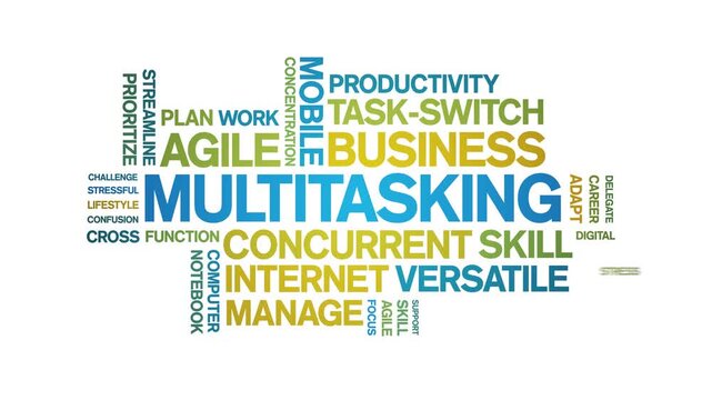 Multitasking animated word cloud-text design animation tag kinetic typography seamless loop.
