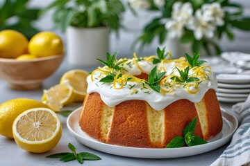 Obraz premium Homemade lemon bundt cake with icing and fresh mint garnish
