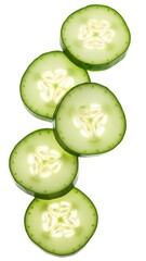 A stack of fresh green cucumber slices, backlit and isolated on a white background