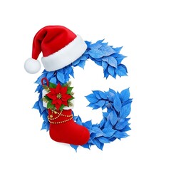 A festive letter g decoration featuring a santa hat, christmas stocking, and blue foliage