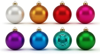 A vibrant set of holiday ornaments in different colors arranged neatly on a white background