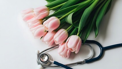 National doctors day a bouquet of pink tulips lies next to a stethoscope on a white surface in a close up still life