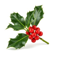 A sprig of christmas holly with bright red berries isolated on a white background