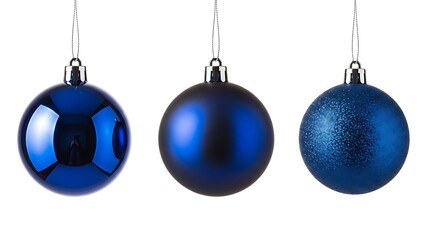 Three blue christmas baubles with different textures hanging against a white background