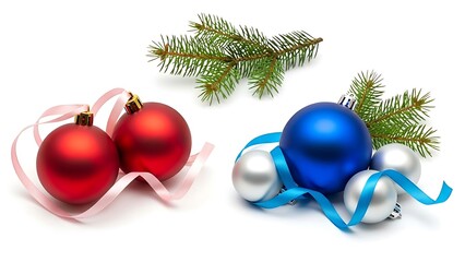 Festive christmas ornaments decoration with red, blue, and silver baubles and pine branches