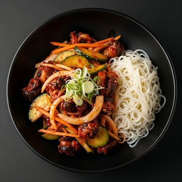 A plate of golbaengi muchim (spicy sea snail salad) with somen noodles and vegetables, served in a black bowl against a black background. The 1:1 composition captures the chewy snails and red sauce, w