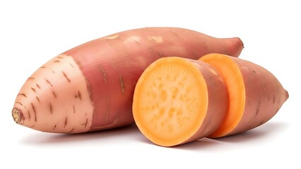A whole sweet potato and sliced pieces isolated against a white background