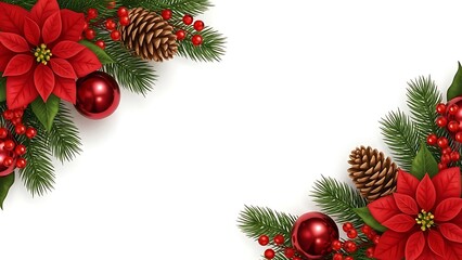 Festive christmas border illustration with poinsettia, pine cone, and bauble on white background