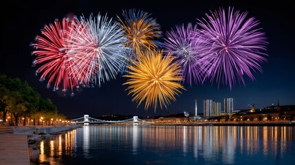 Fototapeta premium Colorful fireworks illuminating Budapest city skyline at night