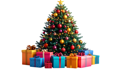 Modern Christmas Tree with Colorful Gifts and Ornaments, Transparent Background PNG